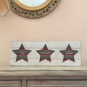 Primitives By Kathy Slat Box Sign Stars Cut Out Joy Believe Peace